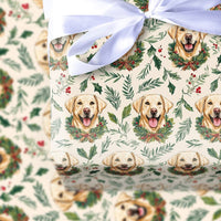 Christmas Wreath Dog Gift Wrap, Yellow Labrador Wrapping Paper, Holiday Holly Dog Wrapping Paper, Festive Pet Lover Gift Wrapping Paper