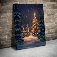 Snowy Winter Forest Print, Christmas Tree Canvas Wall Art, Glowing Lights Holiday Landscape Wall Art, Xmas Digital Download Printable Poster