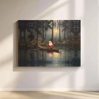 Mystical Bayou Christmas Canvas Wall Art, Santa Claus Swamp Boat Canvas Print, Rustic Southern Santa Canvas Decor