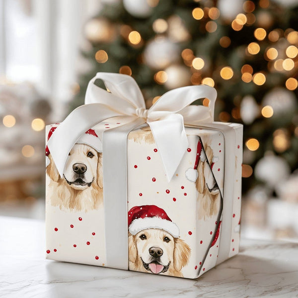Dog Holiday Gift Wrap, Golden Retriever Christmas Wrapping Paper, Watercolor Santa Dog Wrapping Paper, Adorable Puppy Christm