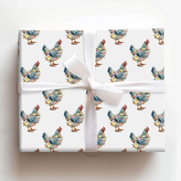 Farm Animal Holiday Gift Wrap, Christmas Lights Chicken Wrapping Paper, Humorous Rooster Xmas Wrapping Paper, Farmhouse Gift 