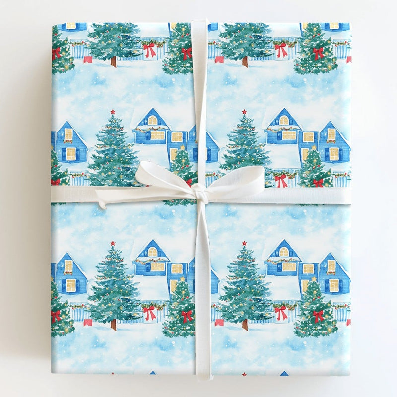 Watercolor Winter Gift Wrap, Snowy Village Wrapping Paper, Christmas Village Wrapping Paper Roll, Holiday Landscape Festive Present Paper