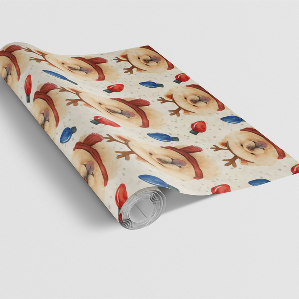Reindeer Dog Holiday Gift Wrap, Chow Chow Christmas Wrapping Paper, Adorable Puppy Winter Paper Roll, Dog Lover Gift Wrap, Xm