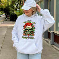 Humorous Grumpy Santa Hooded Sweatshirt, Naughty List Skull Christmas Hoodie, Sarcastic Holiday Skull Hoodie, Dark Humor Xmas Pullover