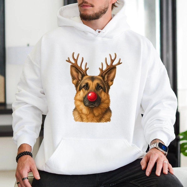 Reindeer Antlers Dog Red Nose Sweatshirt, German Shepherd Christmas Hoodie, Humorous Holiday GSD Pullover, Adorable Shepherd 