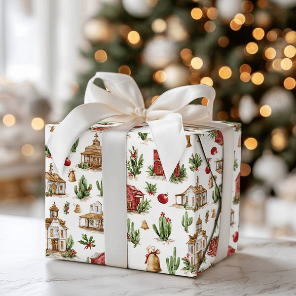 Old West Cactus Gift Wrap, Western Town Christmas Wrapping Paper, Rustic Cowboy Holiday Wrapping Paper, Festive Country Chris