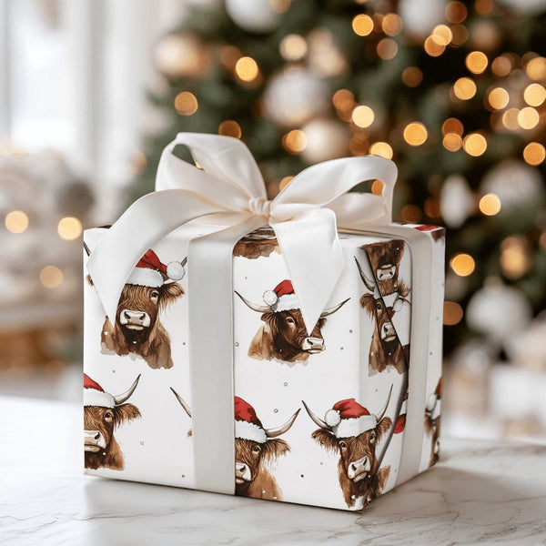 Santa Hat Cow Gift Wrap, Highland Cow Christmas Wrapping Paper, Rustic Farm Animal Wrapping Paper, Farmhouse Christmas Gift W