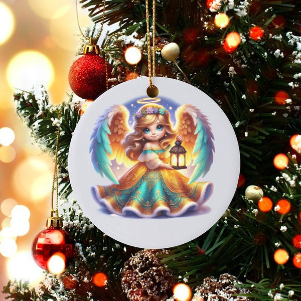 Cartoon Angel Ornament, Angel Holding Lantern Ornament, Ceramic Holiday Angel Ornament, Festive Christmas Tree Decor, Angel L