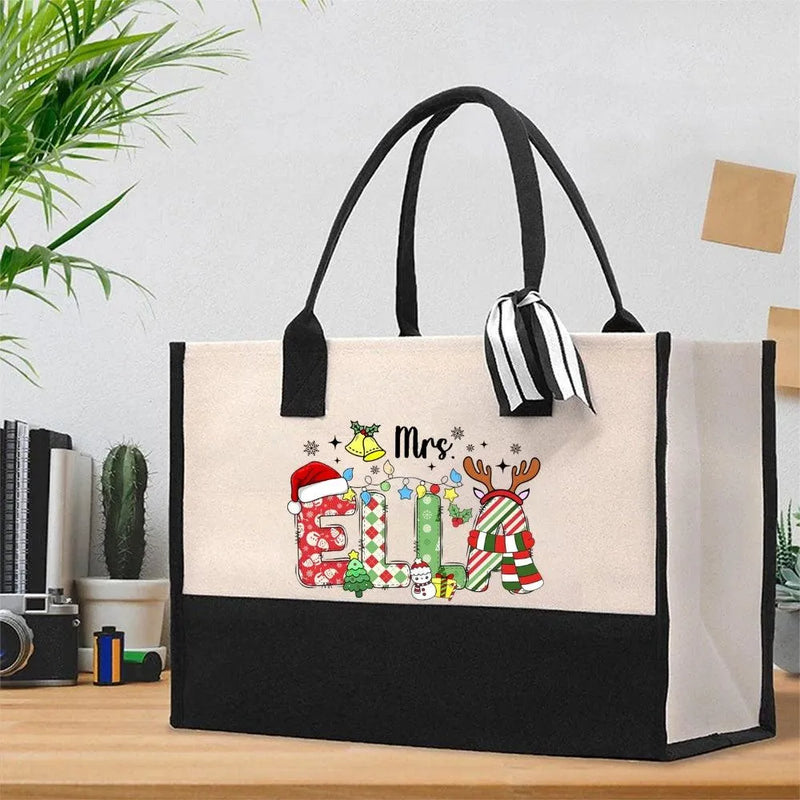 Custom Name Snowflake Holiday Tote Bag, Personalized Christmas Tote Bag, Winter Xmas Cotton Tote Bag, Festive Shopper, Present for Her