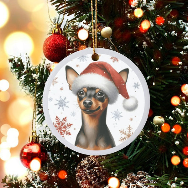 Santa Hat Min Pin Dog Ornament, Miniature Pinscher Christmas Ornament, Ceramic Puppy Tree Ornament, Holiday Keepsake Present 