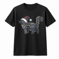 Black Kitten Holiday Fairy Lights Graphic Tee, Christmas Cat Tangled in Lights T-Shirt, Humorous Xmas Kitty T-Shirt, Cat Lover Present