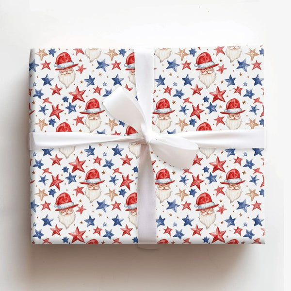 Americana Christmas Gift Wrap, Patriotic Santa Wrapping Paper, Red White Blue Wrapping Paper, Vintage Santa Stars Holiday Gif