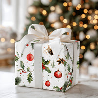 Christmas Ornament Gift Wrap, Watercolor Holly Berry Wrapping Paper, Pinecone Botanical Wrapping Paper