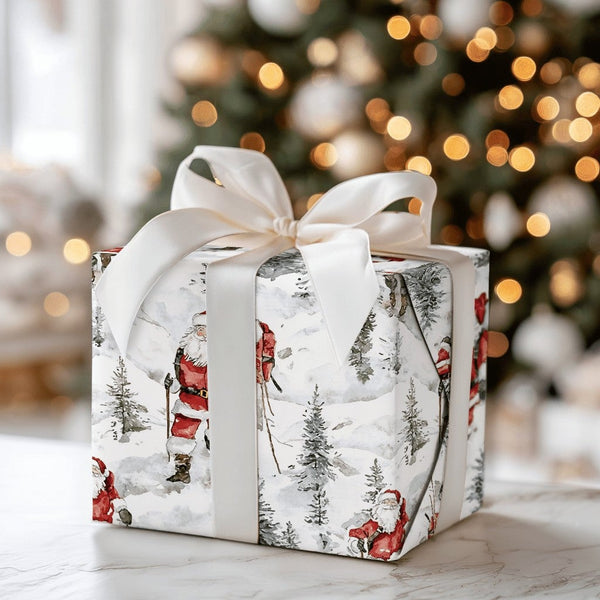 Snowy Mountain Santa Gift Wrap, Hiking Santa Wrapping Paper, Hiker Santa Christmas Paper, Trekking Present Wrap, Adventure Ho