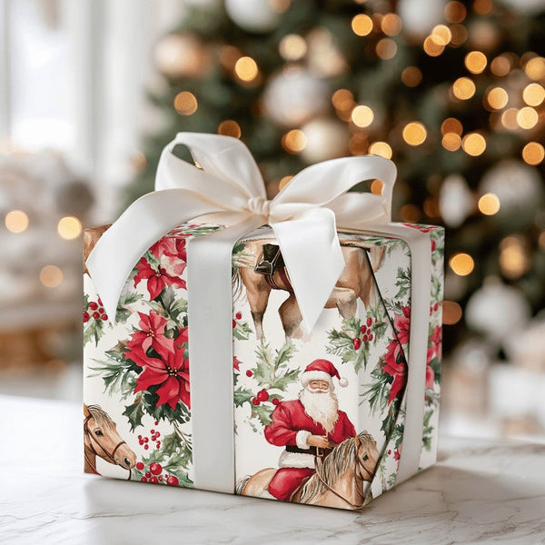 Watercolor Poinsettia Gift Wrap, Santa Riding Horse Wrapping Paper, Western Christmas Wrapping Paper, Equestrian Holiday Gift