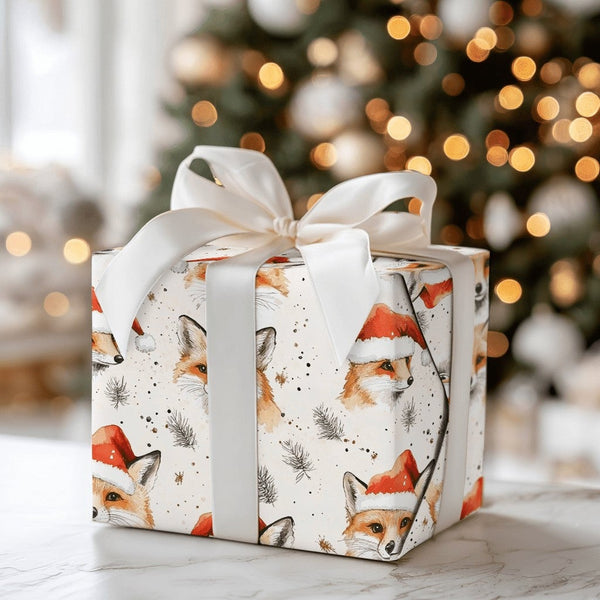 Adorable Woodland Animal Gift Wrap, Watercolor Fox Christmas Wrapping Paper, Santa Hat Winter Fox Wrapping Paper, Festive Hol