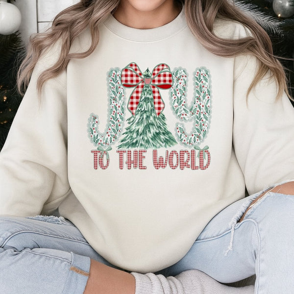 Plaid Christmas Tree Crewneck, Joy to the World Sweatshirt, Christian Holiday Sweater, Festive Xmas Graphic Pullover, Women C