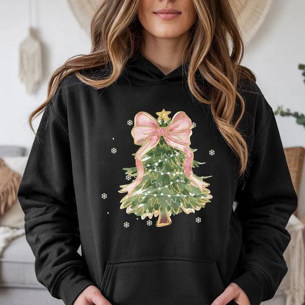 Pink Bow Aesthetic Hoodie, Coquette Christmas Tree Hoodie, Adorable Girly Xmas Tree Hoodie, Pastel Holiday Pullover, Winter P