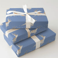 Leaping Deer Holiday Gift Wrap, Watercolor Reindeer Wrapping Paper, Starry Blue Winter Paper, Whimsical Christmas Wrapping Paper Roll
