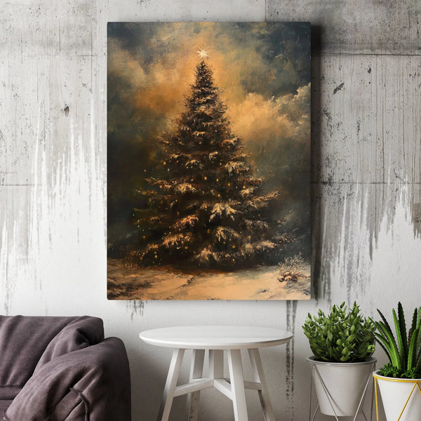 Moody Winter Oil Painting Canvas, Christmas Tree Canvas Wall Art, Vintage Winter Landscape Canvas Print, Rustic Holiday Decor