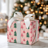 Festive Holiday Gift Wrap Paper, Pink Watercolor Christmas Tree Wrapping Paper, Modern Pastel Christmas Wrapping Paper Roll Present Wrap