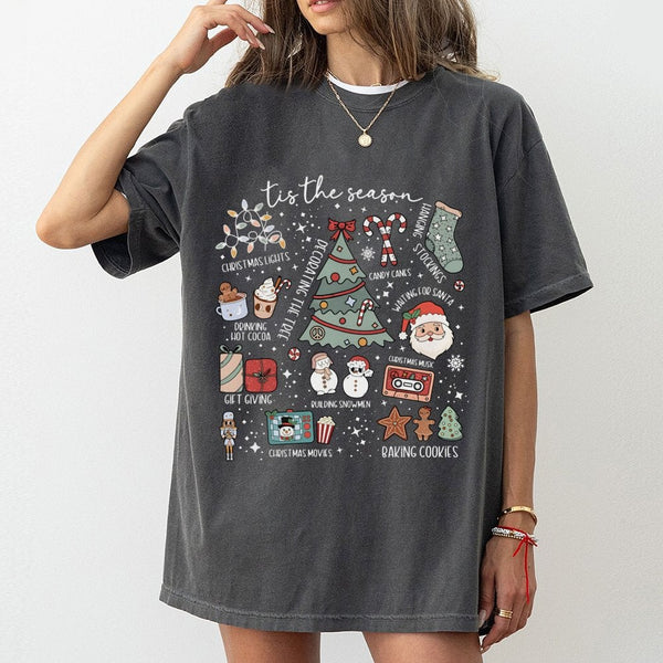 Adorable Holiday Icons Graphic Tee, Tis the Season Christmas T-Shirt, Retro Xmas Tree Santa Shirt, Festive Winter Aesthetic H