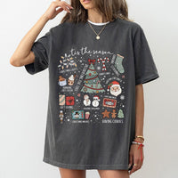 Adorable Holiday Icons Graphic Tee, Tis the Season Christmas T-Shirt, Retro Xmas Tree Santa Shirt, Festive Winter Aesthetic Holiday T-Shirt