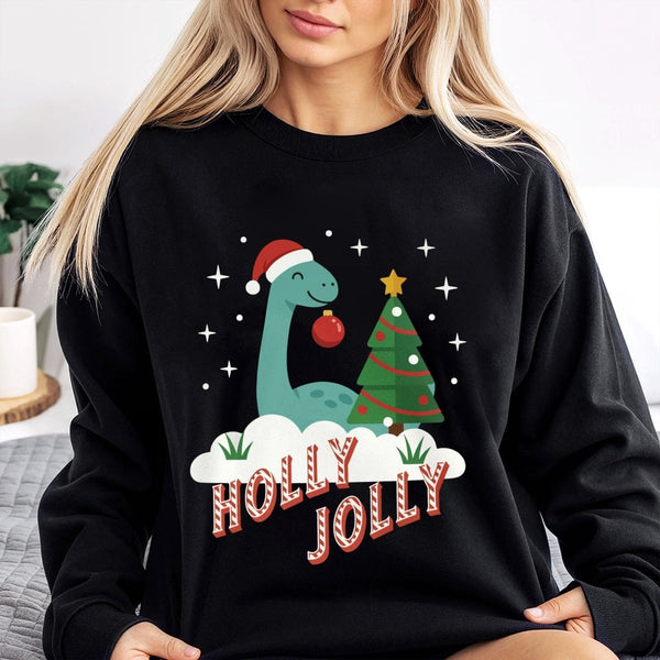 Adorable Festive Dino Holiday Crewneck, Holly Jolly Dinosaur Christmas Sweatshirt, Retro Xmas Dinosaur Pullover, Winter Sweat