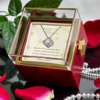 Gold Finish Knot Pendant, Sparkling CZ Love Knot Necklace, Elegant Love Knot Necklace, Christmas Jewelry Present for Her with Rotating Rose Box