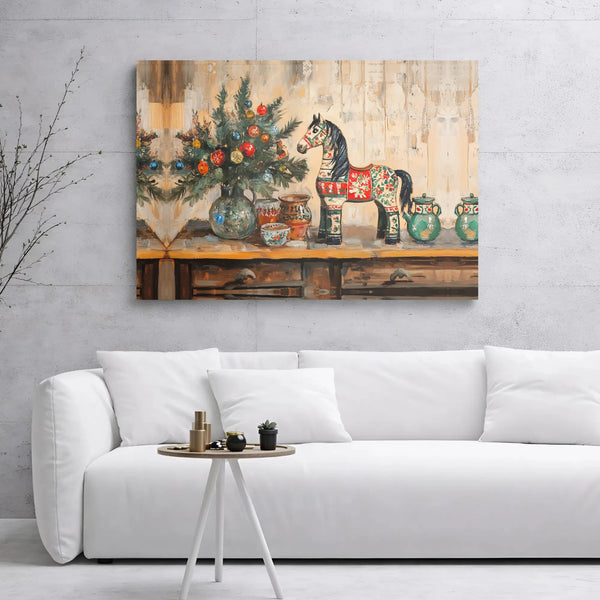 Vintage Folk Art Holiday Canvas Wall Art, Dala Horse Christmas Canvas Print, Scandinavian Seasonal Canvas, Winter Still Life 