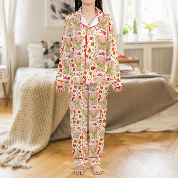 Adorable Santa Hat Pajama Set, Christmas Elephant Satin Pajama Set, Holiday Animal Loungewear, Silky Long Sleeve Pajama Set, 
