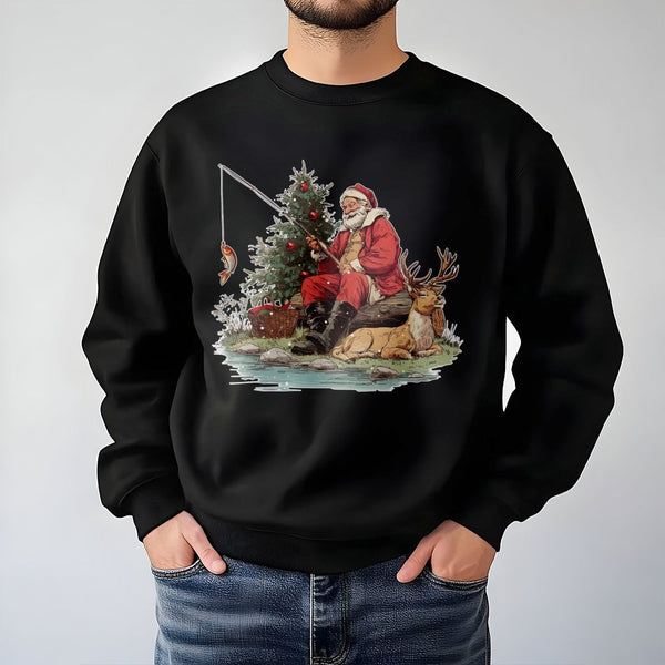 Vintage Fishing Holiday Sweatshirt, Fishing Santa Christmas Sweatshirt, Humorous Fisherman Crewneck, Outdoors Christmas Fishi