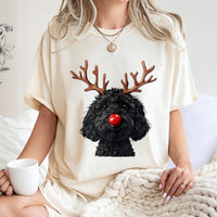Reindeer Antlers Doodle Dog Holiday Graphic Tee, Goldendoodle Christmas T-Shirt, Adorable Puppy Xmas Shirt, Dog Lover Holiday Present