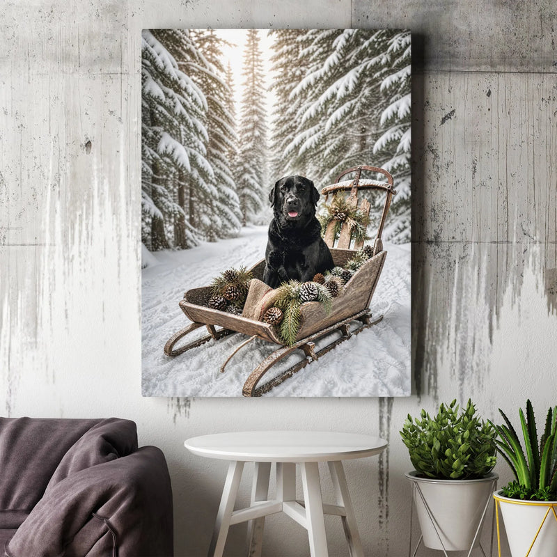 Snowy Forest Dog Portrait Print, Black Lab Winter Sled Canvas, Rustic Holiday Wall Canvas, Christmas Labrador Canvas Art, Dog Lover Present