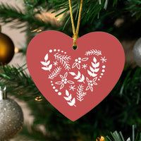 Scandi Red Floral Heart Ornament, Folk Art Botanical Heart Ornament, Ceramic Valentine Christmas Heart Ornament, Romantic Holiday Decor