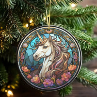 Floral Fantasy Ceramic Ornament, Stained Glass Unicorn Christmas Ornament, Magical Tree Ornament, Adorable Holiday Keepsake, Present for Girls