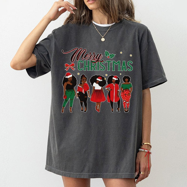 African American Sisters Santa Tee, Merry Christmas Black Queen T-Shirt, Melanin Magic Holiday Shirt, Black Girl Xmas Present