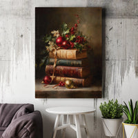 Holly Berries Ornament Canvas Print, Vintage Christmas Book Canvas Wall Art, Holiday Still Life Canvas Art, Seasonal Decor Digital Download