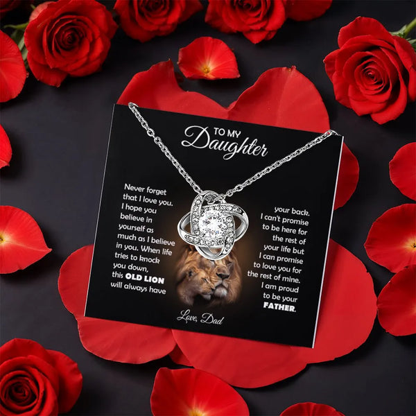 CZ Crystal Knot Necklace, Lion Heart Daughter Love Knot Necklace, Daughter Necklace from Dad, Birthday Present for Daughter, 