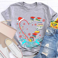 Heart Graphic Tee, Christmas Books Santa Hats Snowflakes T-Shirt, Bookish Holiday Shirt, Adorable Reader Xmas Present