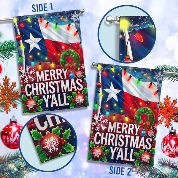 Merry Christmas Y'all Yard Flag, Texas Christmas Garden Flag, Double-Sided Lone Star Holiday Flag