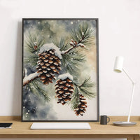 Watercolor Snowy Pine Branch Poster, Winter Pinecone Wall Art, Rustic Holiday Botanical Print, Christmas Evergreen Home Decor