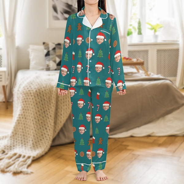 Personalized Photo Holiday Pajama Set, Custom Face Christmas Pajamas, Matching Family Sleepwear Pajamas, Satin Xmas Loungewea