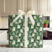 Forest Green Christmas Gift Wrap, Woodland Owl Wrapping Paper, Watercolor Winter Pine Present Paper, Snowy Bird Holiday Wrapping Paper