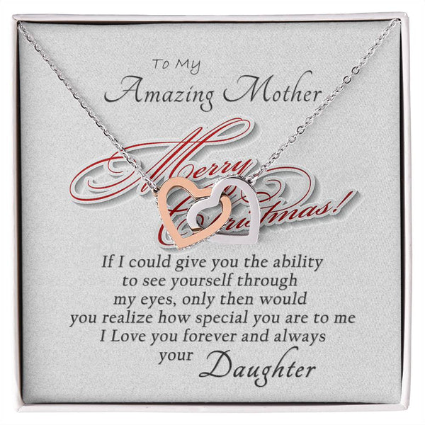 Cubic Zirconia Double Heart Pendant, Christmas Mom Interlocking Hearts Necklace, Daughter to Mom Heart Necklace, Holiday Pres