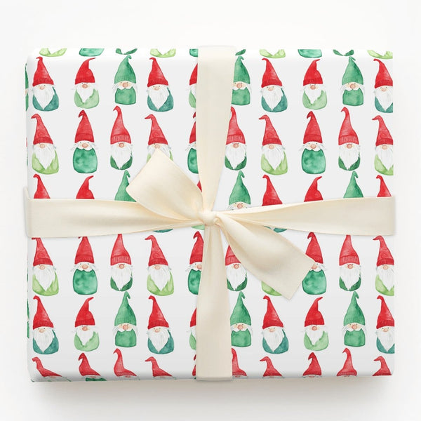 Adorable Holiday Gift Wrap Roll, Watercolor Christmas Gnome Wrapping Paper, Red Green White Present Paper, Whimsical Festive 