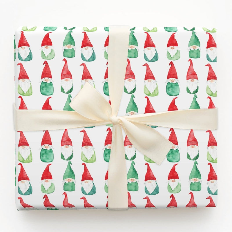 Adorable Holiday Gift Wrap Roll, Watercolor Christmas Gnome Wrapping Paper, Red Green White Present Paper, Whimsical Festive Gift Wrapping