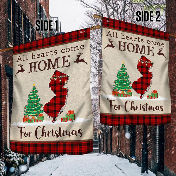 All Hearts Come Home for Christmas Flag, New Jersey Christmas Garden Flag, Buffalo Plaid State Yard Banner, Holiday Home Deco