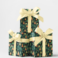 Winter Pine Forest Gift Wrap Roll, Geometric Christmas Wrapping Paper, Modern Evergreen Holiday Gift Wrap, Teal Gold Festive Wrapping Paper