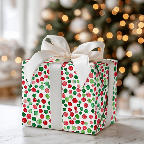 Red and Green Christmas Gift Wrap, Watercolor Polka Dot Wrapping Paper, Festive Holiday Wrapping Paper, Xmas Present Gift Wra